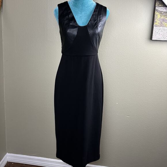 Express Women S Black Midi Dress With Faux Leather Top Accent Retro - Picture 1 of 13